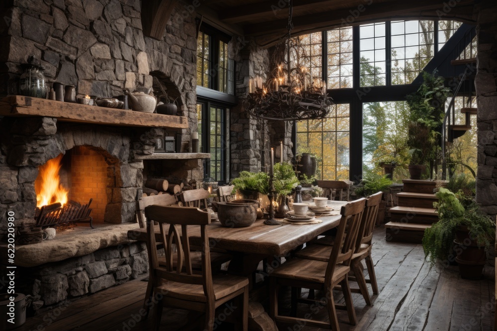 Cozy and inviting, a rustic dining room boasts a wooden table, mismatched chairs, and an oversized chandelier, setting a warm ambiance. Generative AI