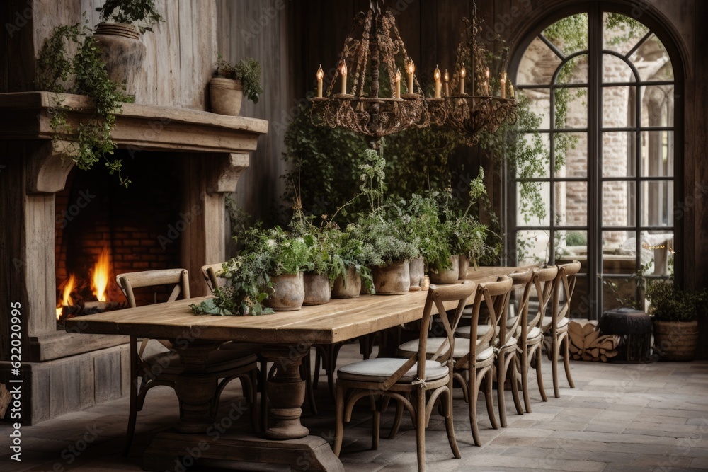 Cozy and inviting, a rustic dining room boasts a wooden table, mismatched chairs, and an oversized chandelier, setting a warm ambiance. Generative AI