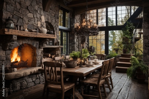 Cozy and inviting  a rustic dining room boasts a wooden table  mismatched chairs  and an oversized chandelier  setting a warm ambiance. Generative AI
