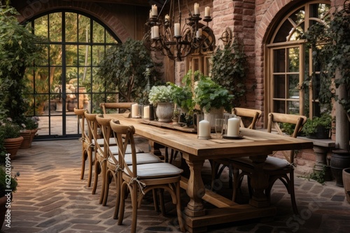 Cozy and inviting  a rustic dining room boasts a wooden table  mismatched chairs  and an oversized chandelier  setting a warm ambiance. Generative AI