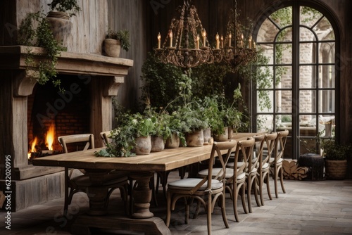 Cozy and inviting, a rustic dining room boasts a wooden table, mismatched chairs, and an oversized chandelier, setting a warm ambiance. Generative AI © Ivy