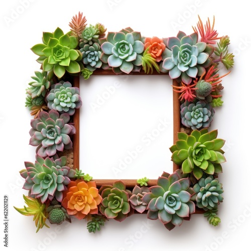 Mockup frame, A wooden frame layout with vibrant succulents arranged along its border, Generative AI © Ivy