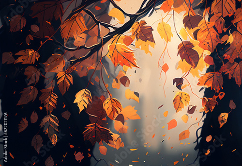 Autumn leaves fall from the trees. AI Generated