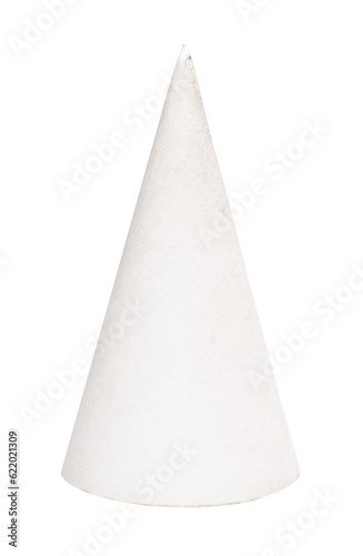 front view of hand-crafted from paper cone three-dimensional geometric shape isolated on white background