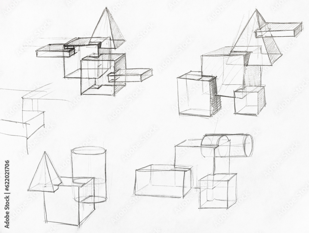 training hand drawn sketches of various geometric shapes on white paper by lead pencil