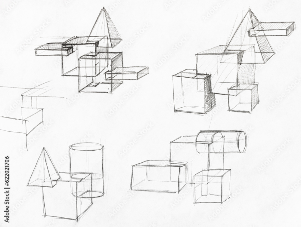 training hand drawn sketches of various geometric shapes on white paper by lead pencil training hand drawn sketches of various geometric shapes on white paper by lead pencil
