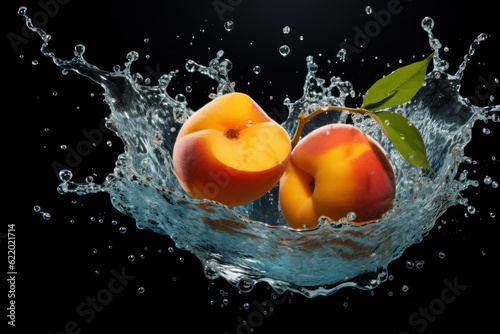 Dramatic Peach Splash: Peach on a Dark Background with Water Splash - Generative AI