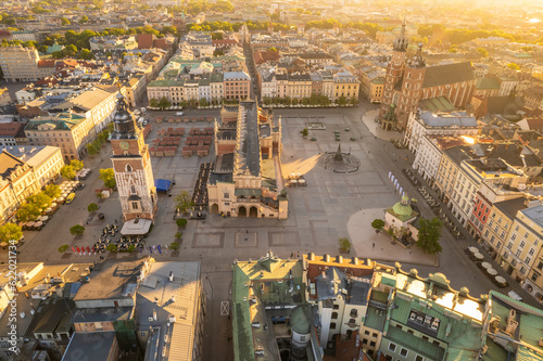 Aerial view of the main Market square in Krakow at sunrise  Poland
