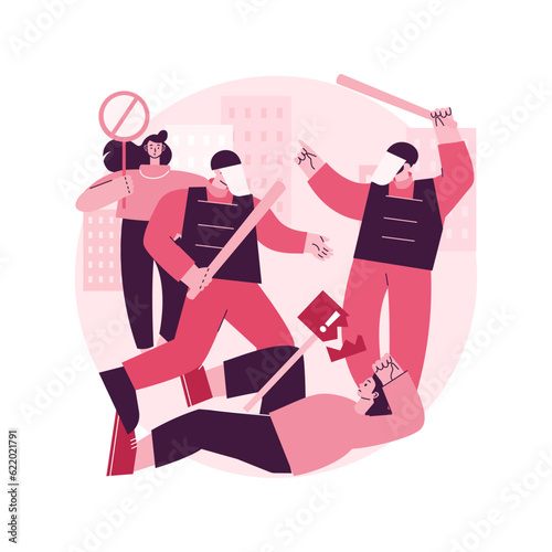 Police violence abstract concept vector illustration. Mass protest, police brutality, civil rights violation, property damage, law enforcement, legal actions, demilitarization abstract metaphor.