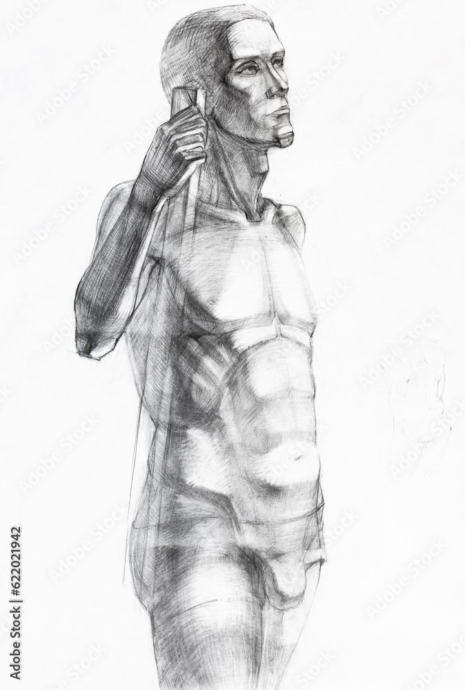study hand-drawn drawing of nude man with stick drawn with graphite pencil on white paper study hand-drawn drawing of nude man with stick drawn with graphite pencil on white paper