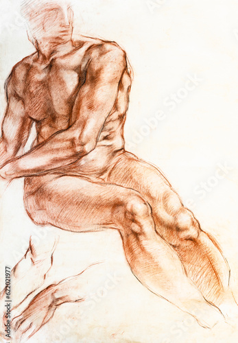hand-drawn study reproduction of fragment of painting by Michelangelo Buonarrot Seated Young Male Nude and Two Arms (original from 1510-th years) drawn with sepia and sanguine on white paper