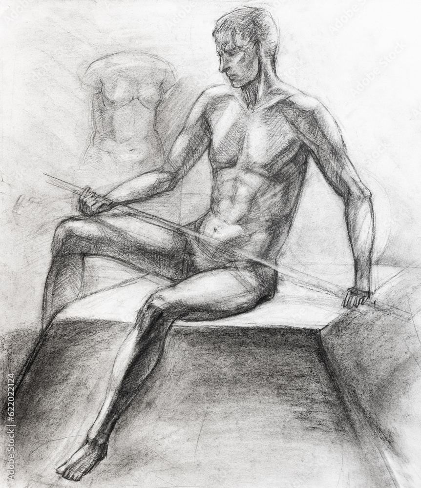 Fototapeta premium study hand-drawn drawing of nude sitting man with pole in studio drawn with charcoal on white paper