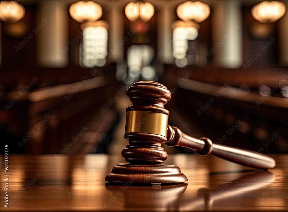 Judge gavel with Justice lawyers having team meeting at law firm in background. Concepts of law. Created with Generative AI technology. Judge gavel with Justice lawyers having team meeting at law firm in background. Concepts of law. Created with Generative AI technology.