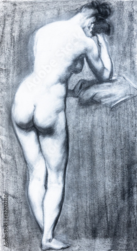 hand-drawn study reproduction of fragment of painting by Eugene Delacroix Mademoiselle Rose from behind (original from 1820-th years) drawn with charcoal and white soft pastels (sauce) on white paper