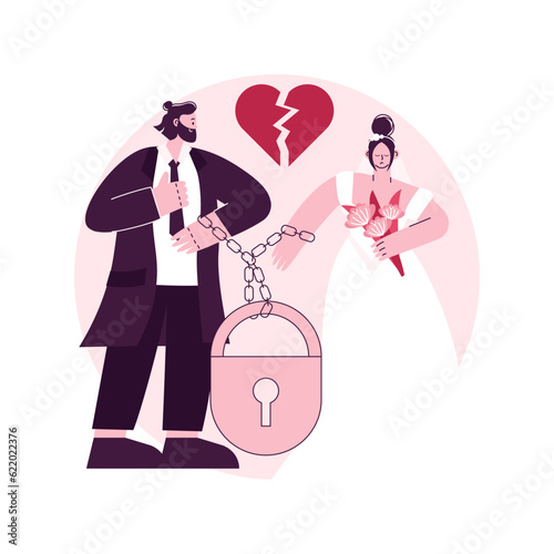 Forced marriage abstract concept vector illustration. Involuntary child marriage, without consent, against will, domestic violence, put handcuffs, pressure to marry, sexual abuse abstract metaphor.