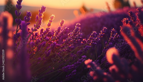 Beautiful landscape with lavender fields bathed in the rays of the evening sun.Generative AI