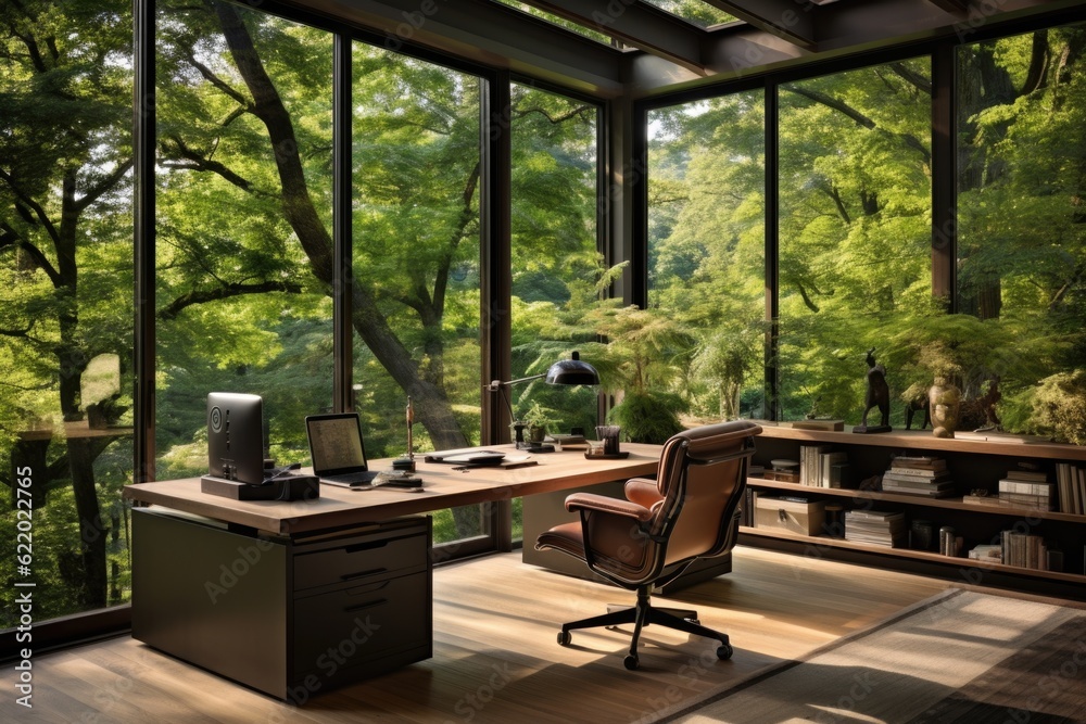 A contemporary home office with a spacious desk, ergonomic chair, and floor-to-ceiling windows offering a view of lush greenery outside. Generative AI