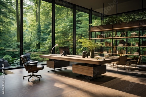 A contemporary home office with a spacious desk, ergonomic chair, and floor-to-ceiling windows offering a view of lush greenery outside. Generative AI