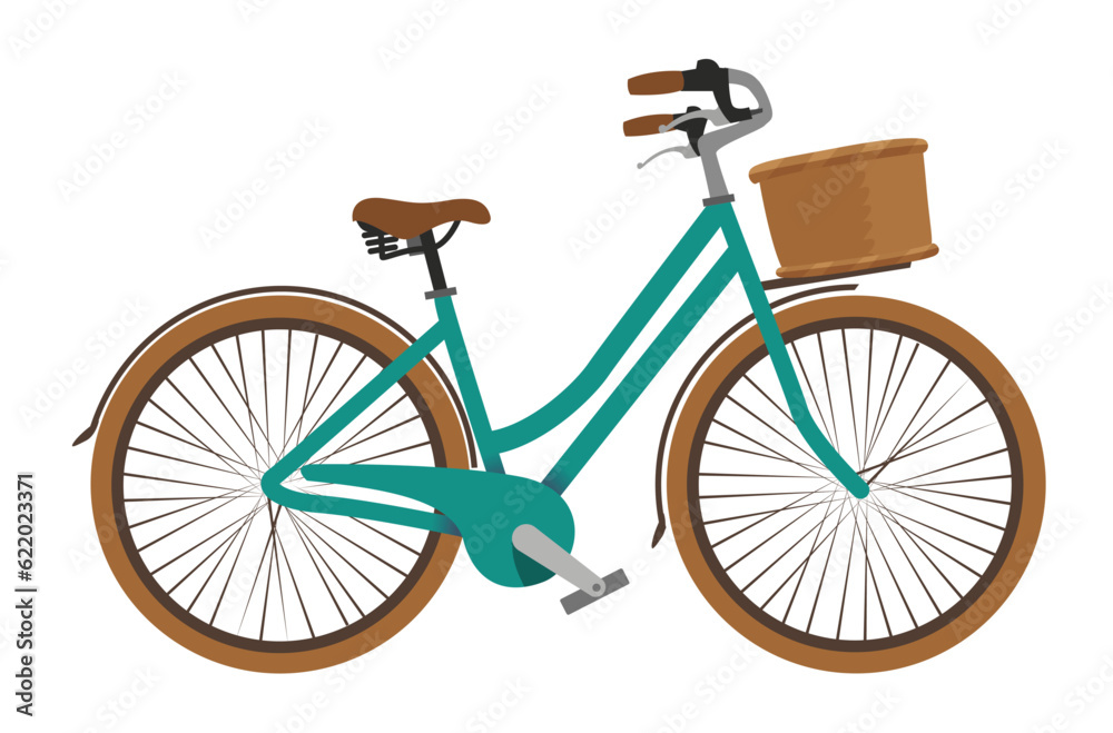 Vector illustration on a white background. blue bicycle with a basket. Nice bike.