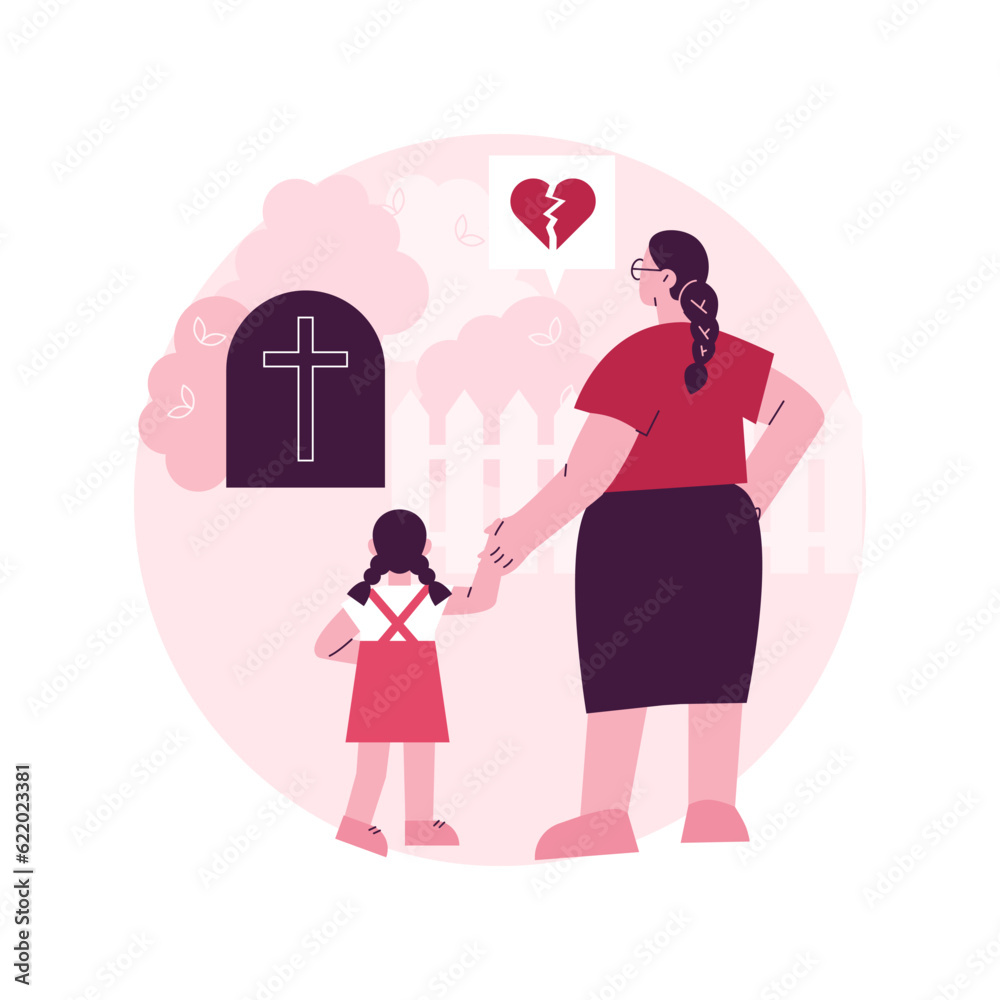 Widowed person abstract concept vector illustration. Spouse died, sorrowful elderly, grieving husband and wife, support group, loss of partner, funeral, gravestone, memory abstract metaphor. Widowed person abstract concept vector illustration. Spouse died, sorrowful elderly, grieving husband and wife, support group, loss of partner, funeral, gravestone, memory abstract metaphor.
