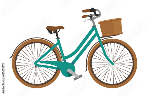 Vector illustration on a white background. blue bicycle with a basket. Nice bike.