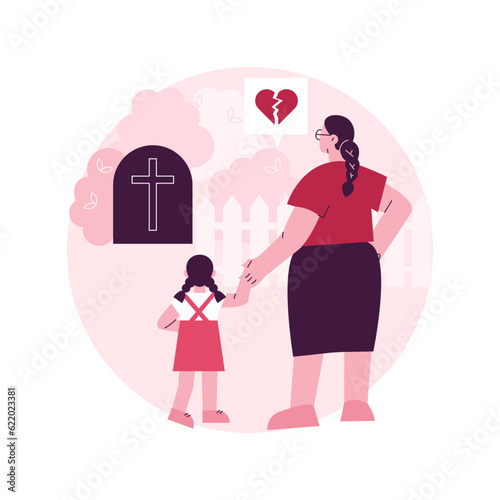 Widowed person abstract concept vector illustration. Spouse died, sorrowful elderly, grieving husband and wife, support group, loss of partner, funeral, gravestone, memory abstract metaphor.