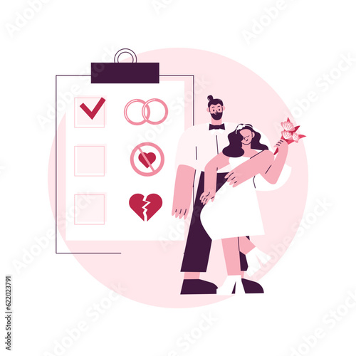 Marital status abstract concept vector illustration. Civil status, persons relationship, single married, checkbox, marital state, wedding rings, married couple, divorced widowed abstract metaphor.