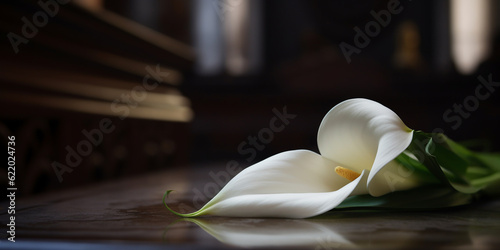 Generative AI, white flowers on the lid of the coffin, ceremony, funeral, ritual, farewell to the deceased, black background, calla lilies, floristic composition, funeral service photo