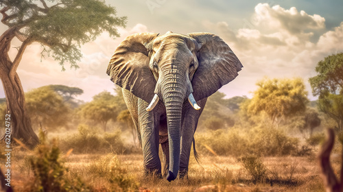 elephant in africa savannah, sunset, made with Generative AI