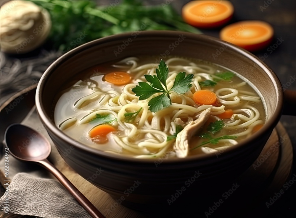Homemade chicken soup with noodles and vegetables in a white bowl, white background. Healthy warm comfortable food. Created with Generative AI technology.