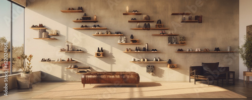 shoe shelves in modern house. wide banner