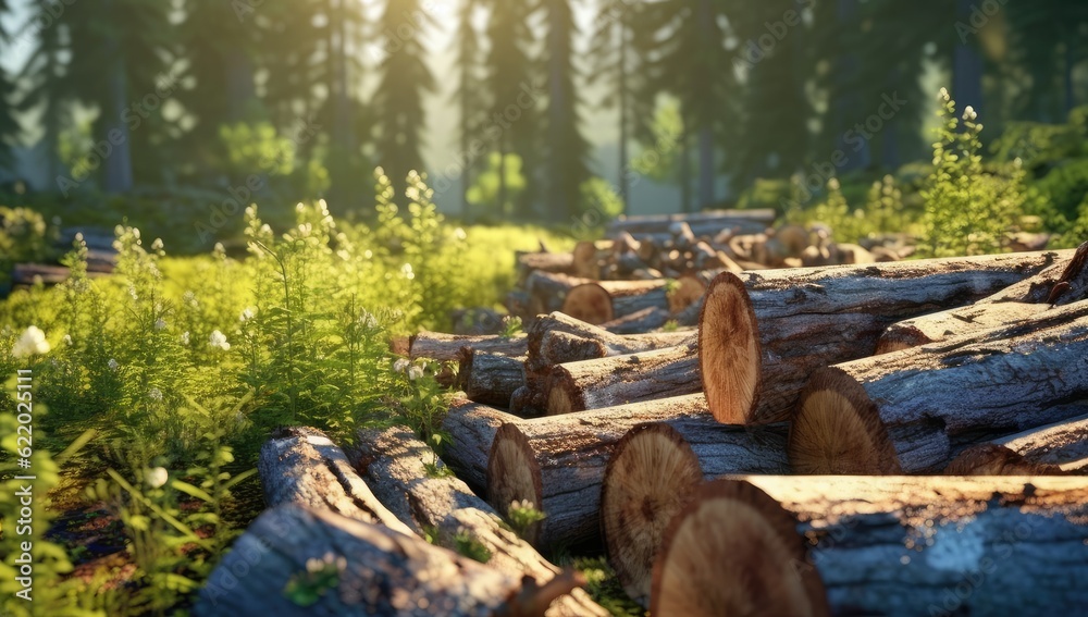 Forest pine and spruce trees. Log trunks pile, the logging timber wood industry. Wide banner or panorama wooden trunks. Created with Generative AI technology. Forest pine and spruce trees. Log trunks pile, the logging timber wood industry. Wide banner or panorama wooden trunks. Created with Generative AI technology.