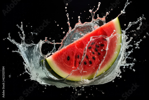 Dynamic Watermelon Splash  Watermelon on a Dark Background with Water Splash - Generative AI