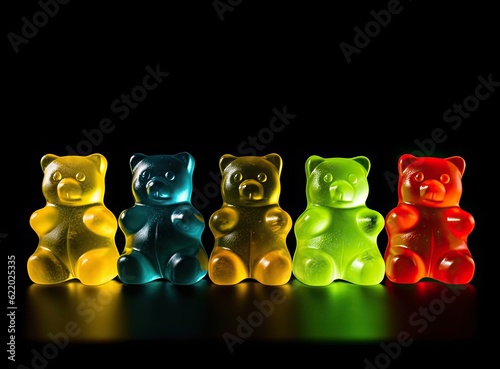 Jelly bears on a black background. Multicolored sweets on a black background. Created with Generative AI technology.