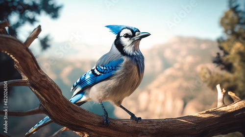 A blue jay sits on a tree branch against the backdrop of a forest landscape.Generative AI