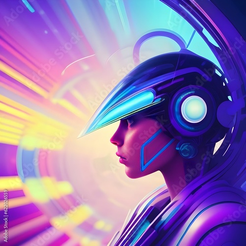 futuristic world where the lines between reality and virtuality blur. Create a captivating narrative set against a colorful abstract background that resembles a mesmerizing kaleidoscope.
