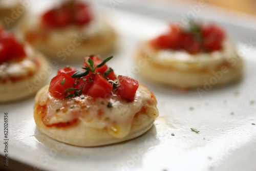 Deliciosas mini pizzas de queijo mussarela, tomates e manjericão, perfeitas para saborear em um evento especial.