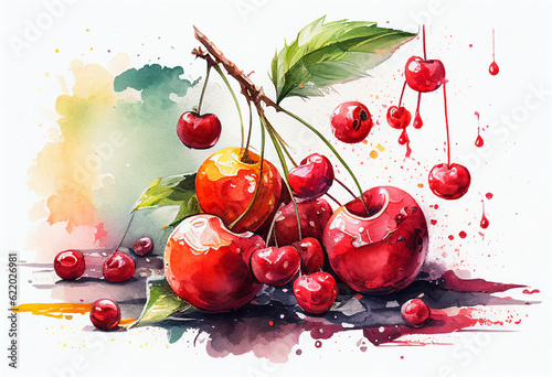 Cherries in a watercolor style. AI Generated