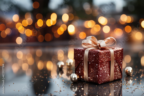 Holiday gift box against bokeh background generative ai