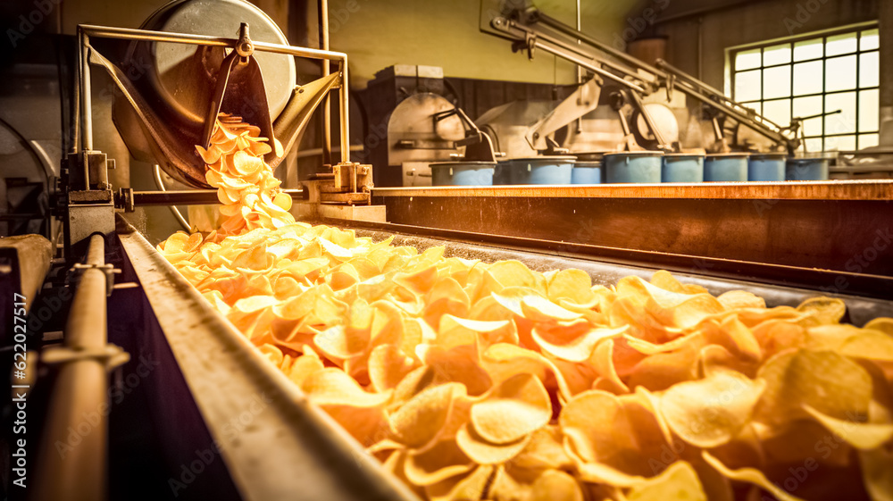 Lots of chips prepared on a conveyor at a food factory. Line for the production and packaging of potato chips. Special equipment of snacks producing facility.

