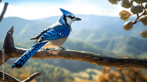 Tela A blue jay sits on a tree branch against the backdrop of a forest landscape