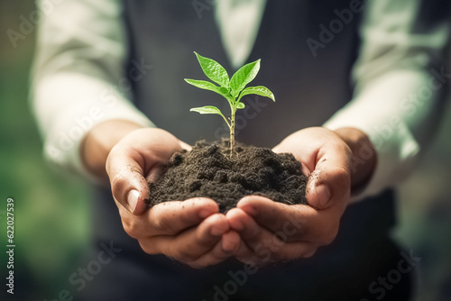 Businessman hand holding young plant. Eco Corporate policy for environmental awareness and sustainable future.