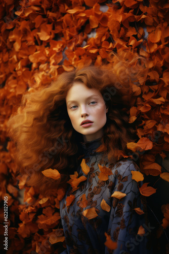 portrait of a woman/model/book character in autumn colours with red/orange fall details in a fashion/beauty editorial magazine style film photography look - generative ai art