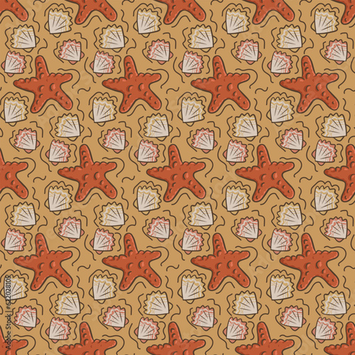 Seashell and starfish cartoon seamless pattern. Flat vector outline oceanic or marine elements on sand background. Ideal for kids textile, wallpaper, wrapping, background, interior decor.