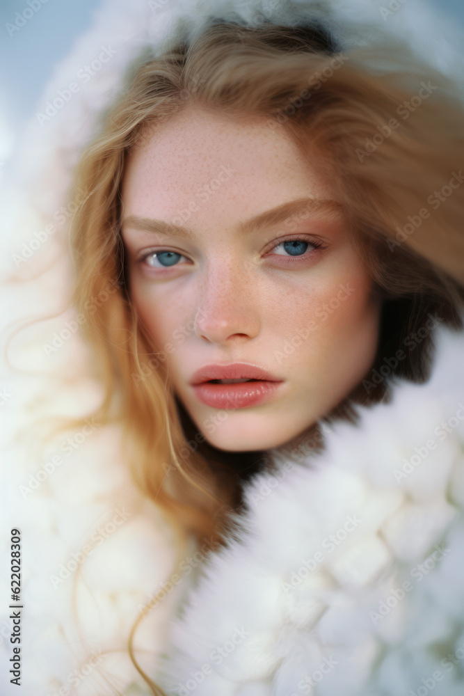 portrait of a woman/model/book character in a cold winter setting with warm white clothes close-up fashion/beauty editorial magazine style film photography look - generative ai art
