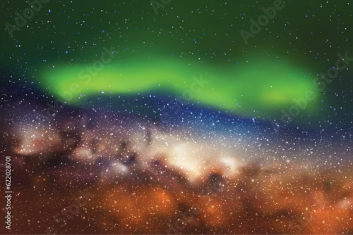 Night starry sky. Green aurora borealis. Milky Way and Northern lights