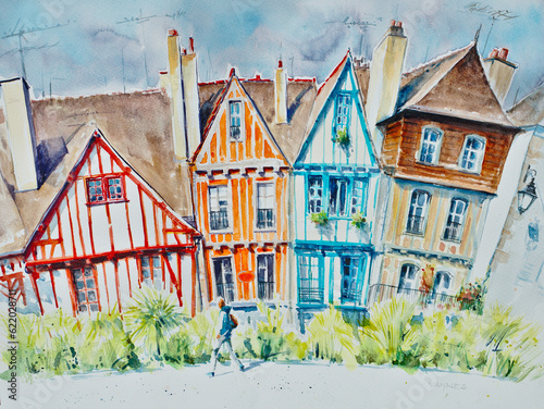 Colorful houses in the historical center of Vannes, coastal medieveal town in Morbihan departement, Brittany, France. Picture created with watercolors.