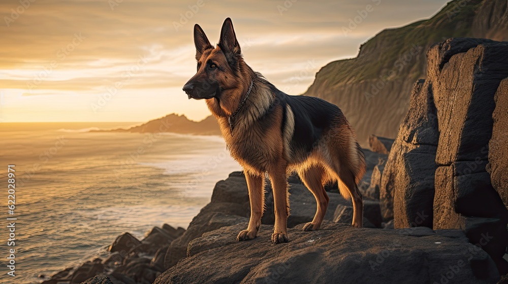 German shepherd dog at sunset on the coast of Atlantic ocean in Spain German shepherd dog at sunset on the coast of Atlantic ocean in Spain