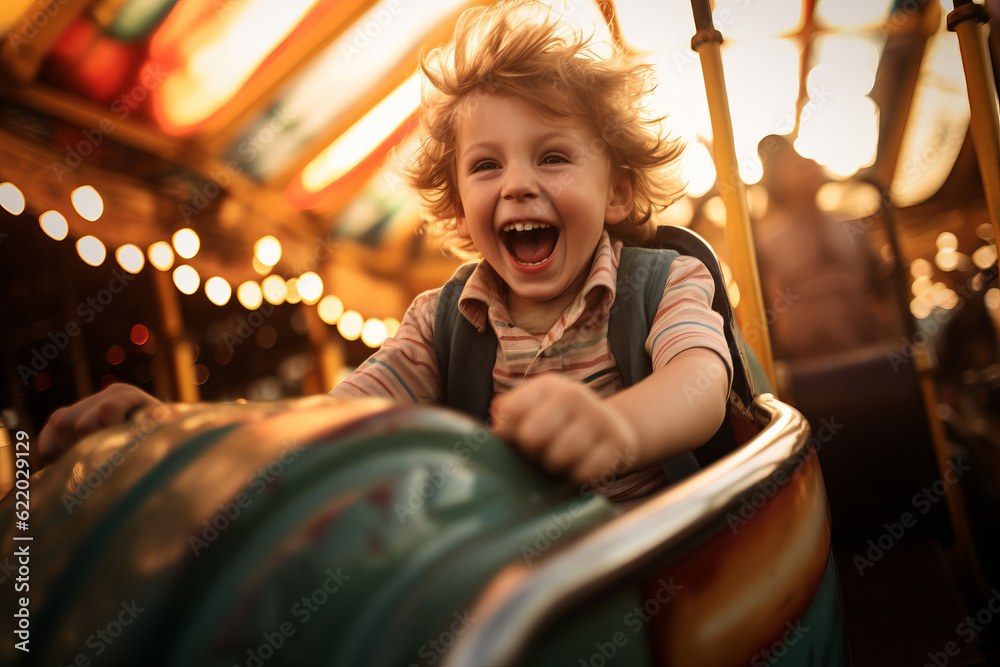 A happy excited young child riding on an exciting theme park fairground ride A happy excited young child riding on an exciting theme park fairground ride