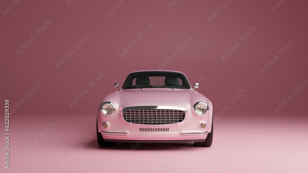 Pink small retro car on pink background 3d modern concept art illustration